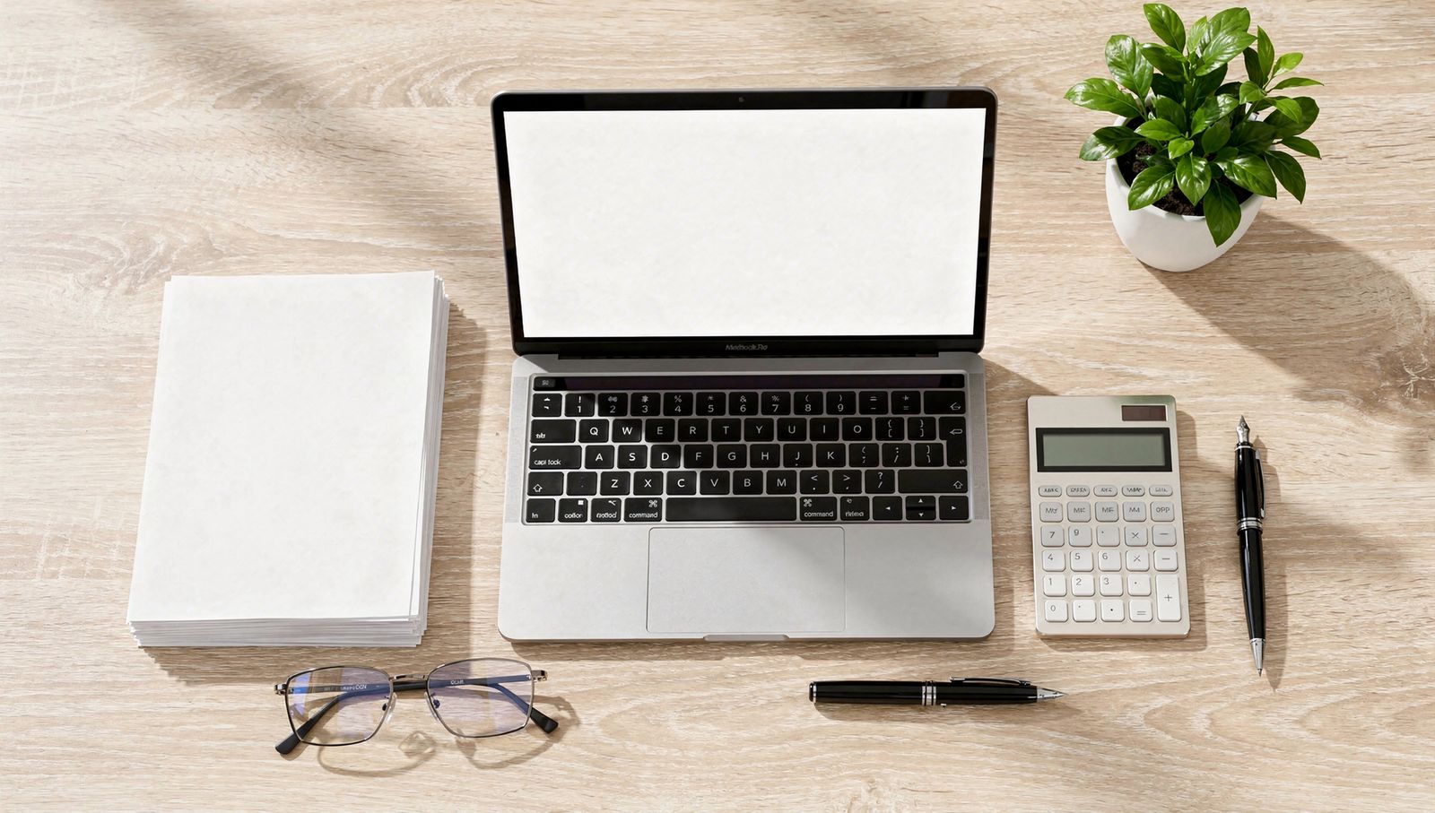 Desk set up for a monthly bookkeeping close, with reports, a laptop and a calculator