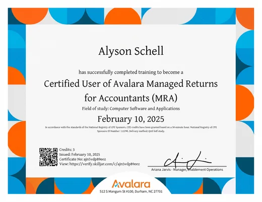 Avalara certificate stating that Alyson Schell has completed training to become a Certified User of Avalara Managed Returns for Accountants (MRA), dated February 10, 2025