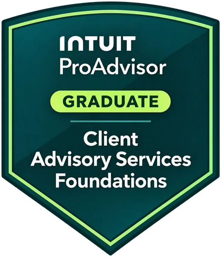 Intuit ProAdvisor graduate badge reading Client Advisory Services Foundations, earned by Alyson Schell