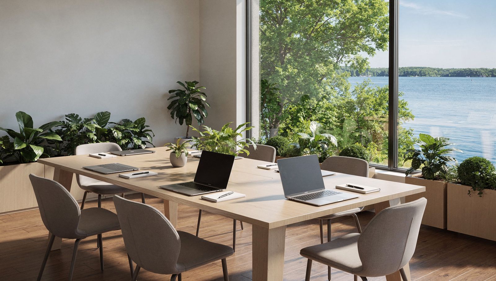 Bright meeting table with laptops and notebooks beside tall windows looking out over a lake