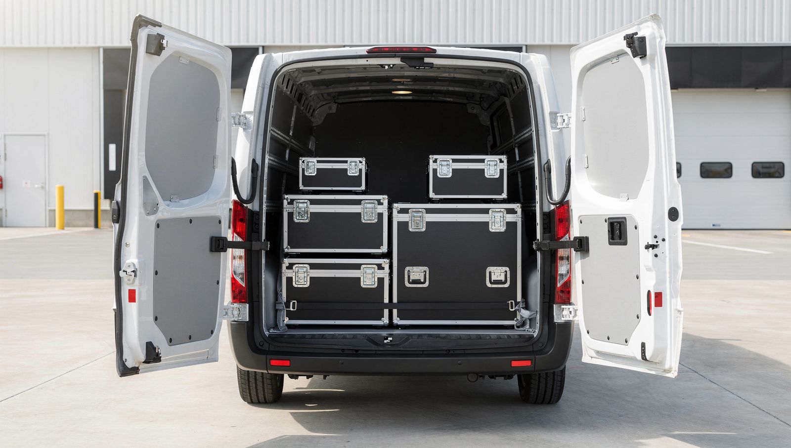White cargo van with rear doors open, loaded with locked black transport cases outside a loading dock