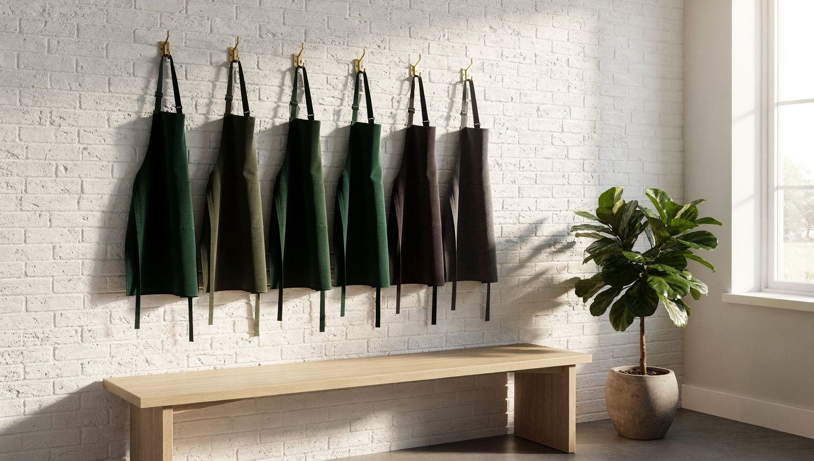 Green and charcoal work aprons hanging on brass hooks above a wooden bench in a bright staff room